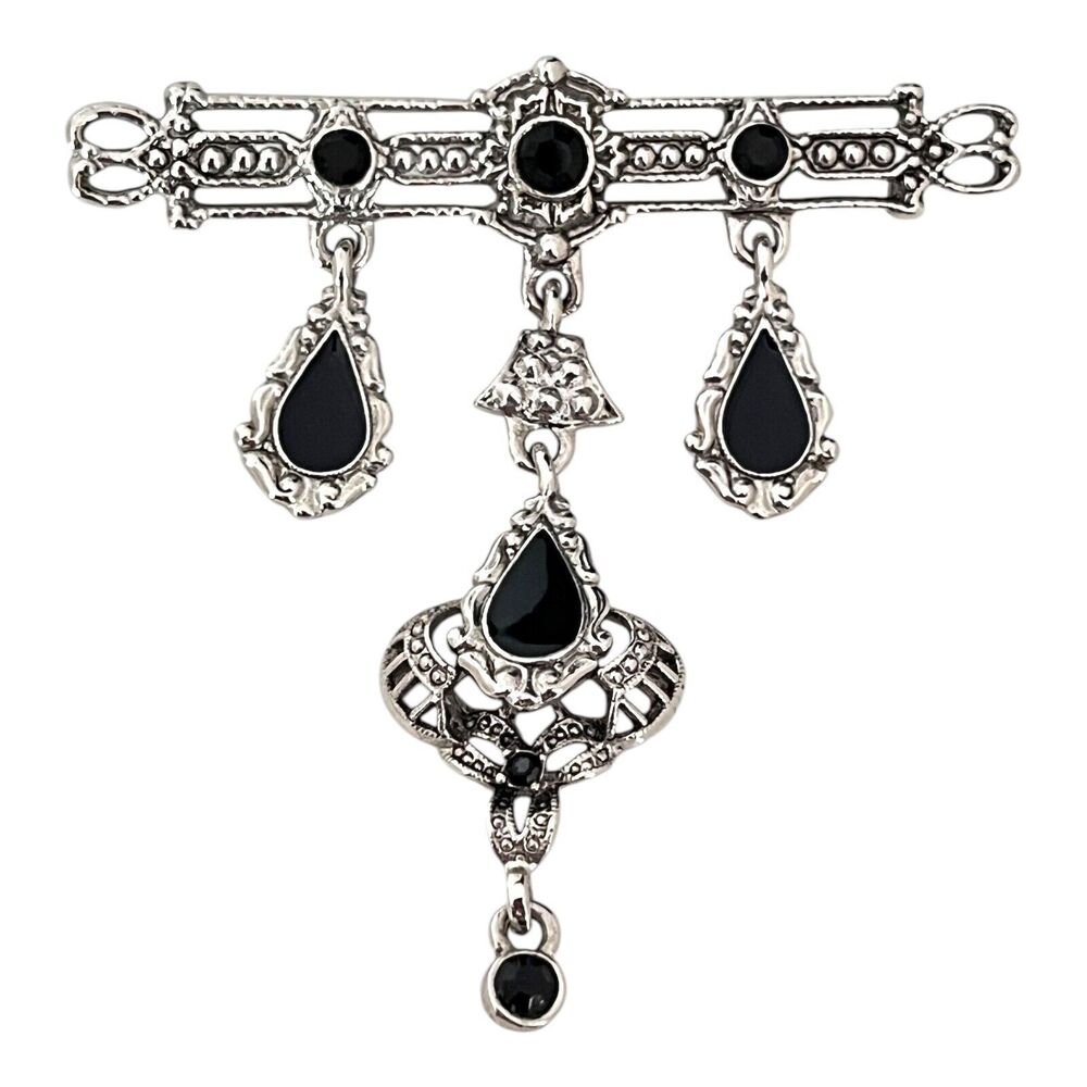 Vintage 1980s Dangle Brooch Black Enamel Crystal Silver Tone - 11U